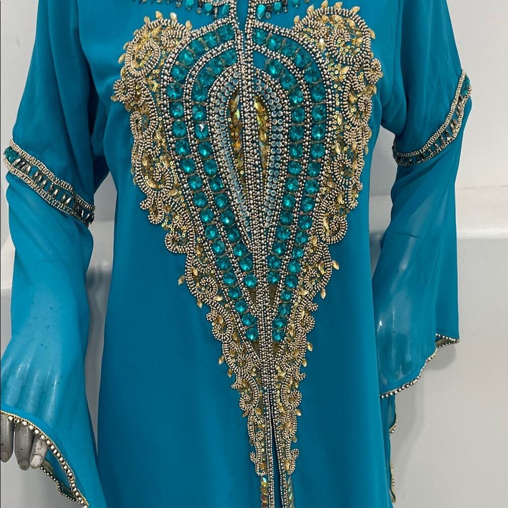 Moroccan Kaftan Maxi Dress Turquoise Hand Beaded Dubai Style Long Sleeve Formal - Picture 4 of 16